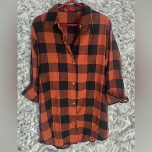 SHEIN Orange and Black Plaid Long Sleeve Button-Up Shirt